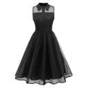 Simple Plain Black Lapel Collar Button Front Sleeveless Midi Fit and Flared Dress