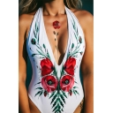 Trendy Beach Floral Printed Halter Neck Open Back One Piece Swimsuit for Women