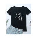 Simple Heart Letter BE KIND Short Sleeve Round Neck Black T-Shirt