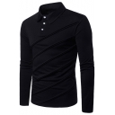 Unique Patchwork Long Sleeve Three-Button Solid Color Slim Fitted Polo Shirt for Men