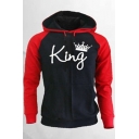 Trendy Crown King Queen Colorblocked Long Sleeve Navy Hoodie for Couple
