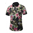 Summer Trendy 3D Oil Painting Floral Print Short Sleeve Black Polo Shirt for Men