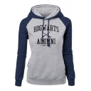 Harry Potter Fashion Letter HOGWARTS Colorblock Long Sleeve Fitted Drawstring Hoodie
