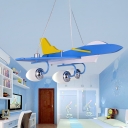 Blue Aircraft Suspended Light Milky Glass Shade 3 Lights Chandelier Lamp for Boys Bedroom
