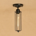 Tube Bulb Semi Flush Mount Light with Wire Guard Industrial Metal Single Light Ceiling Fixture in Black