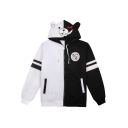 New Stylish Colorblock Cute Comic Print Long Sleeve Zip Up Black and White Hoodie