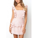 Summer Fashion Ruffle-Hem Embellished Square Neck Sleeveless Floral Print Mini A-Line Dress
