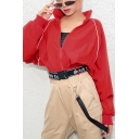 Letter Printed Buckle Straps Embellished Contrast Piping Stand Collar Cropped Jacket