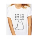 BLACK SHIRT BLACK JEANS Unique Cool Letter Cat Print Street Style White T-Shirt
