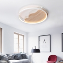 White Circular Ring Ceiling Light with Wavy Canopy Wooden LED Flush Mount for Study Room