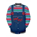 Good Guys Chucky Cool 3D Print Fake Two-Piece Rib Collar Long Sleeve Button-Down Blue Baseball Jacket