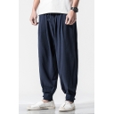 Chinese Style Summer New Trendy Plain Gathered-Cuff Casual Loose Carrot-Fit Bloomers Pants for Men