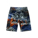 Fashion Summer Letter Pattern Loose Swim Board Shorts with Cargo Side Pockets
