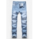 New Fashion Simple Plain Stretch Relaxed Fit Ripped Jeans for Guys