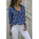 Fashion V-Neck Heart Pattern Long Sleeve Loose Casual Button Down Shirt for Women
