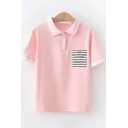 Fashion Striped Pocket Short Sleeve Squirrel Embroidered Loose Fit Polo Shirt