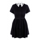 Simple Moon Printed Collar Short Sleeve Button Front Mini A-Line Pleated Black Dress
