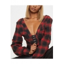 Red Check Printed Sexy Plunge V-Neck Hook Front Long Sleeve Cropped Blouse