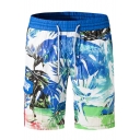 Mens Summer Fashion Printed Drawstring Waist Breathable Casual Blue Beach Swim Trunks
