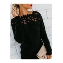 Black Long Sleeve Boat Neck Plain Lace Patched Knit Sweater
