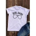 Simple Letter GIRLGANG Glasses Printed Basic Short Sleeve Round Neck White T-Shirt