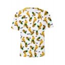 Summer Street Style Fashion Allover Bird Pineapple Pattern Short Sleeve White T-Shirt