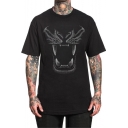 Cool Lion Mouth Pattern Short Sleeve Crewneck Oversized Black T-Shirt