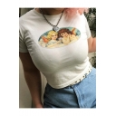 New Trendy Cute Angel Baby Printed Short Sleeve Fitted Crop White T-Shirt