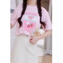 Girls Summer Cute Cartoon Strawsberry Milk Print Casual Loose T-Shirt