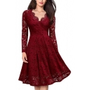Women's Sexy V-Neck Long Sleeve Solid Color Midi A-Line Lace Dress