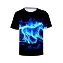 Cool 3D Fire Horse Printed Basic Short Sleeve Round Neck Black Tee