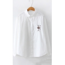 Cute Cartoon Girl Embroidered Summer Relaxed Long Sleeve White Cotton Shirt