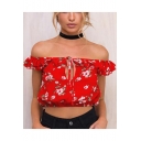 Summer's Off The Shoulder Ruffle Hem Floral Printed Cropped Chiffon Top