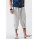 Retro Chinese Style Summer Beach Simple Plain Cropped Loose Linen Pants for Men