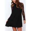 Sexy Chiffon Floral Meshed Lace Raglan Long Sleeves Round Neck Cutout Back Mini Shift Dress