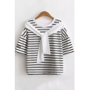 Preppy Chic Embroidery Letter Logo Striped Print Drawstring Tied Front Loose Relaxed T-Shirt