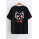 Lovely Cartoon Bow-Tied Cat with Glasses Cotton Loose Fit T-Shirt