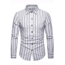 Basic Simple Fashion Vertical Striped Print Long Sleeve Fitted Business Shirt for Men