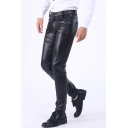 Mens Cool Simple Plain Stretch Slim Fit Black PU Pants Trousers