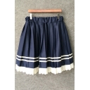 Girls Fashion Lace-Trimmed Elastic Waist Mini A-Line Pleated Navy Skirt