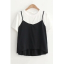 Summer New Stylish Cami Patched Fake Two-Piece Short Sleeve T-Shirt