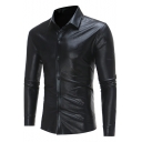 Men's Cool Night Club Metallic Color Long Sleeve Simple Plain Slim Button-Up Party Shirt