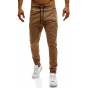 Basic Solid Color Drawstring Waist Fashion Flap Pocket Side Skinny Fit Pencil Pants for Men
