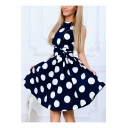 Summer Trendy Polka Dot Printed Round Neck Sleeveless Tied Waist Midi A-Line Dress