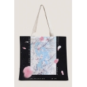 Floral Letter LOST IN JAPAN Print Black Hand Bag Shoulder Bag 40*45cm