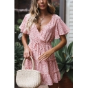 Summer's Fashion Floral Printed V-Neck Tied Waist Short Sleeve Mini A-Line Dress