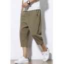 Men's Summer Basic Plain Drawstring Waist Fashion Button-Embellished Cuff Loose Casual Linen Cropped Tapered Pants