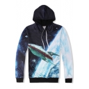 Fashion 3D Rocket Galaxy Printed Unisex Loose Casual Black and Blue Hoodie
