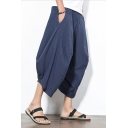 Retro Chinese Style Linen Casual Plain Cropped Wide-Leg Harem Pants for Men