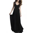 Summer Chic Lace-Panelled V-Neck Simple Plain Floor Length Flared Chiffon Dress